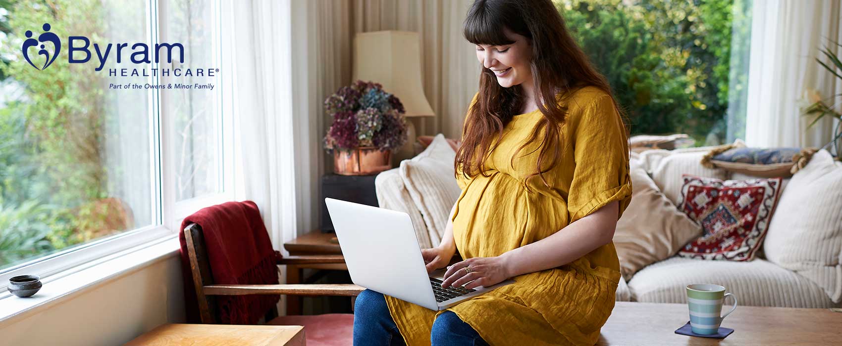 Embarazada mirando una computadora portátil.